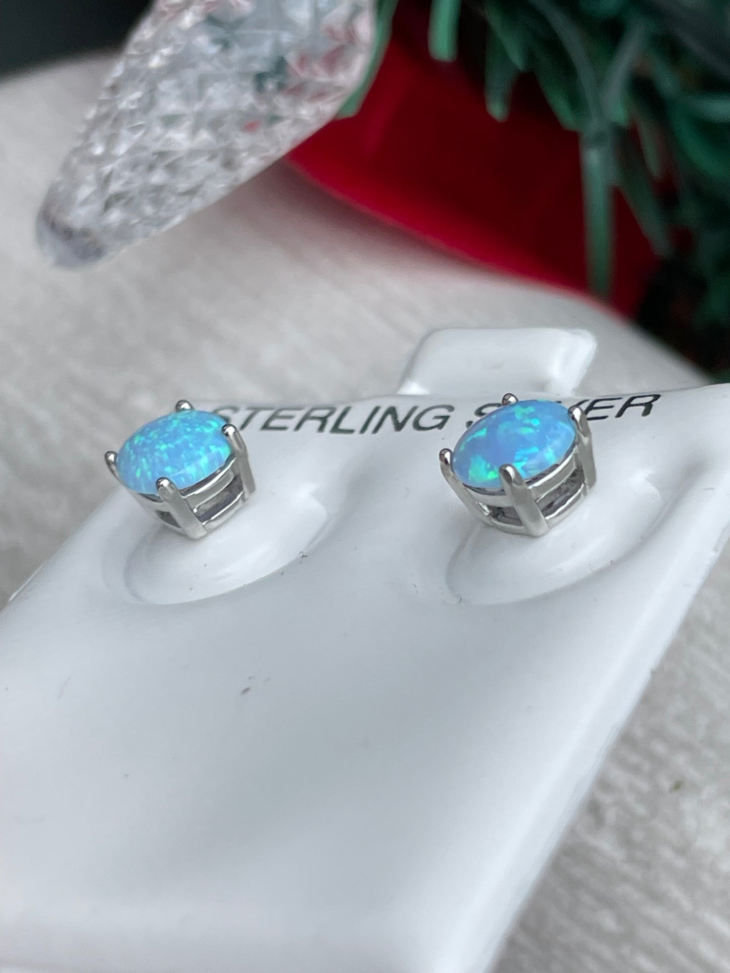 925 Sterling Silver Snowy Blue Opal Stud Earrings