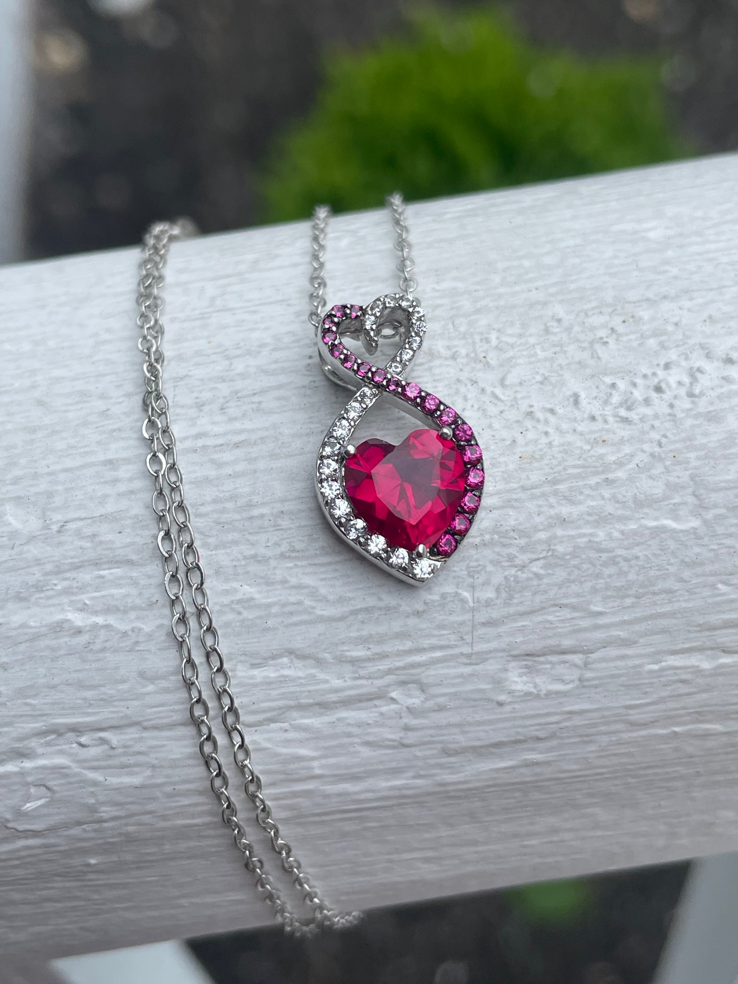 925 Sterling Silver “Love within my Heart” Infinity Red Ruby & Clear Zirconia Necklace 18”