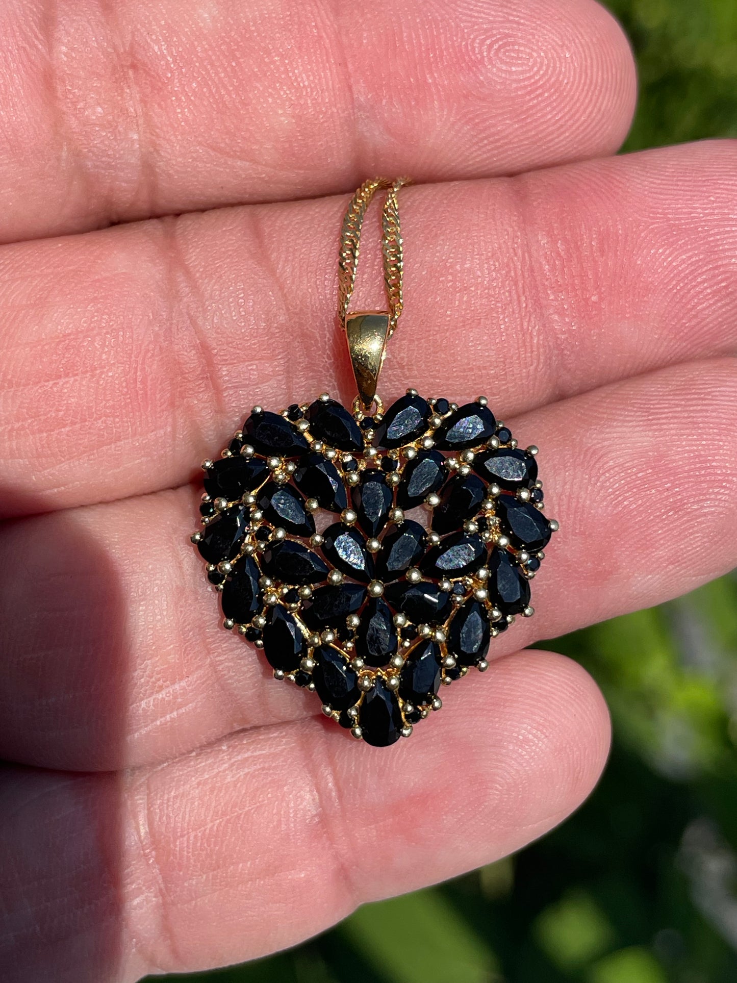 925 Sterling Silver vermeil Black Spinel Cluster Heart Necklace