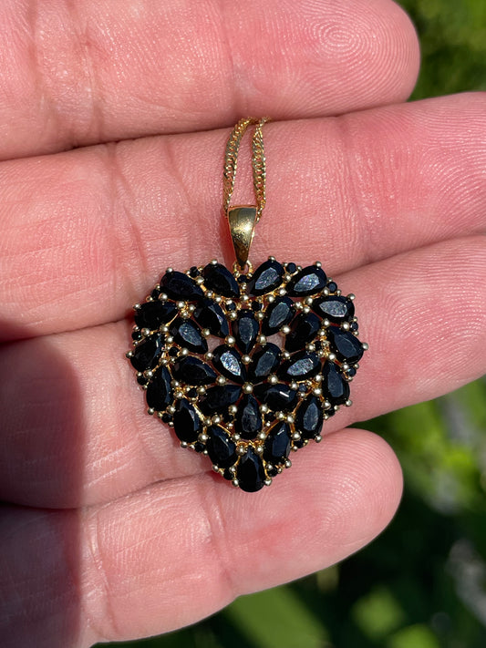 925 Sterling Silver vermeil Black Spinel Cluster Heart Necklace
