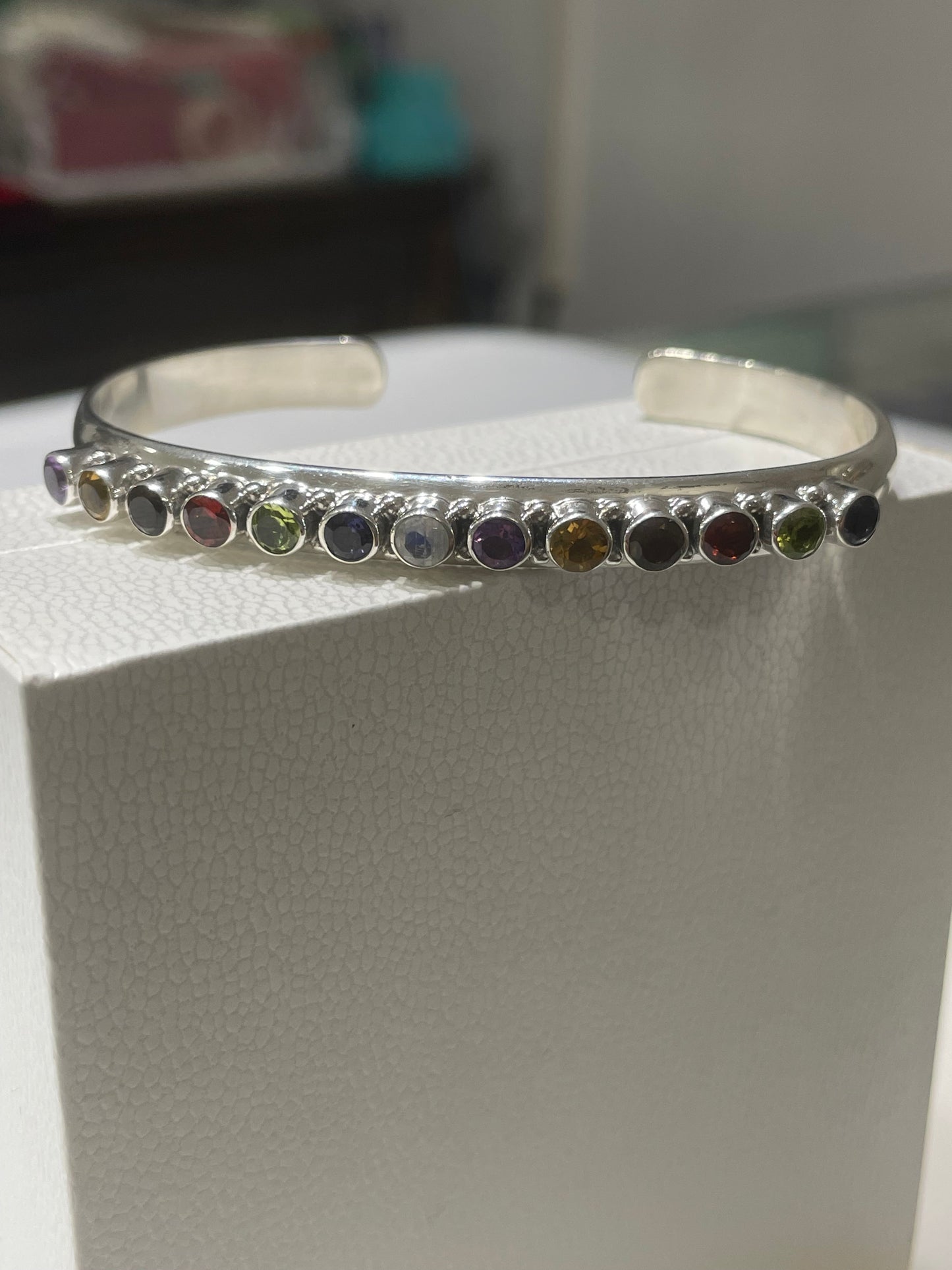 Designer Nikki Butler Solid Silver Multi Colored Stone Cuff Bracelet