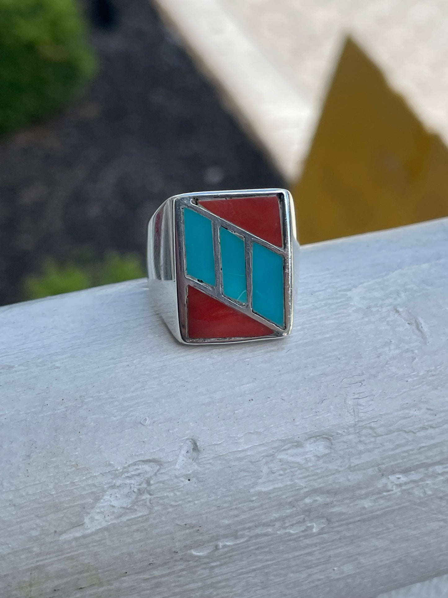 925 Sterling Silver Mens Turquoise & Carnelian Inlay Signet Style Ring Size 11