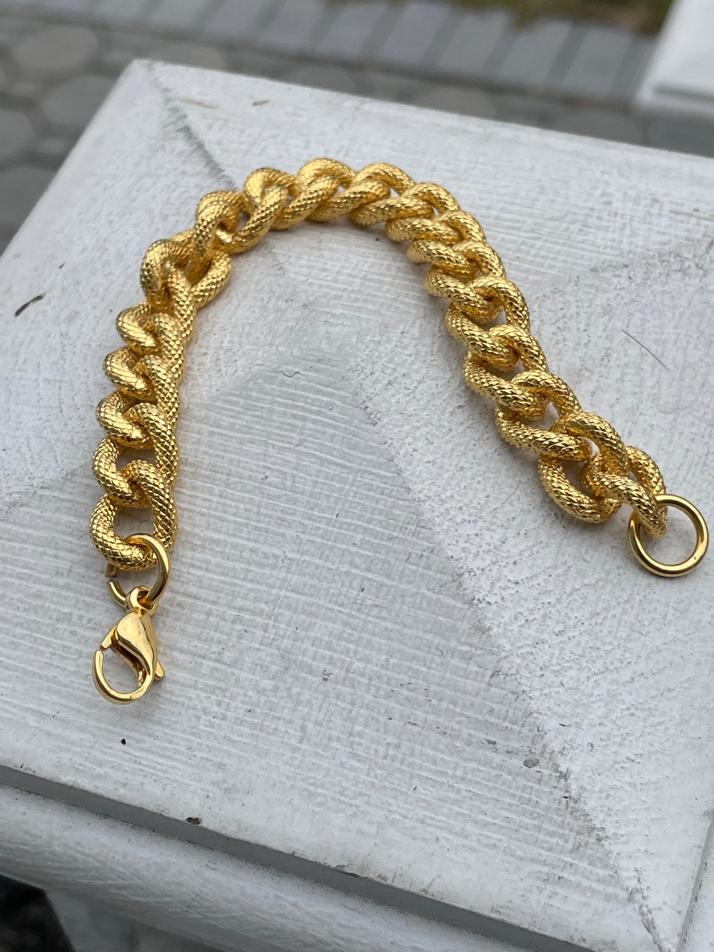 Stainless Steel Vermeil Ladies Textured Cuban Link Bracelet 7”