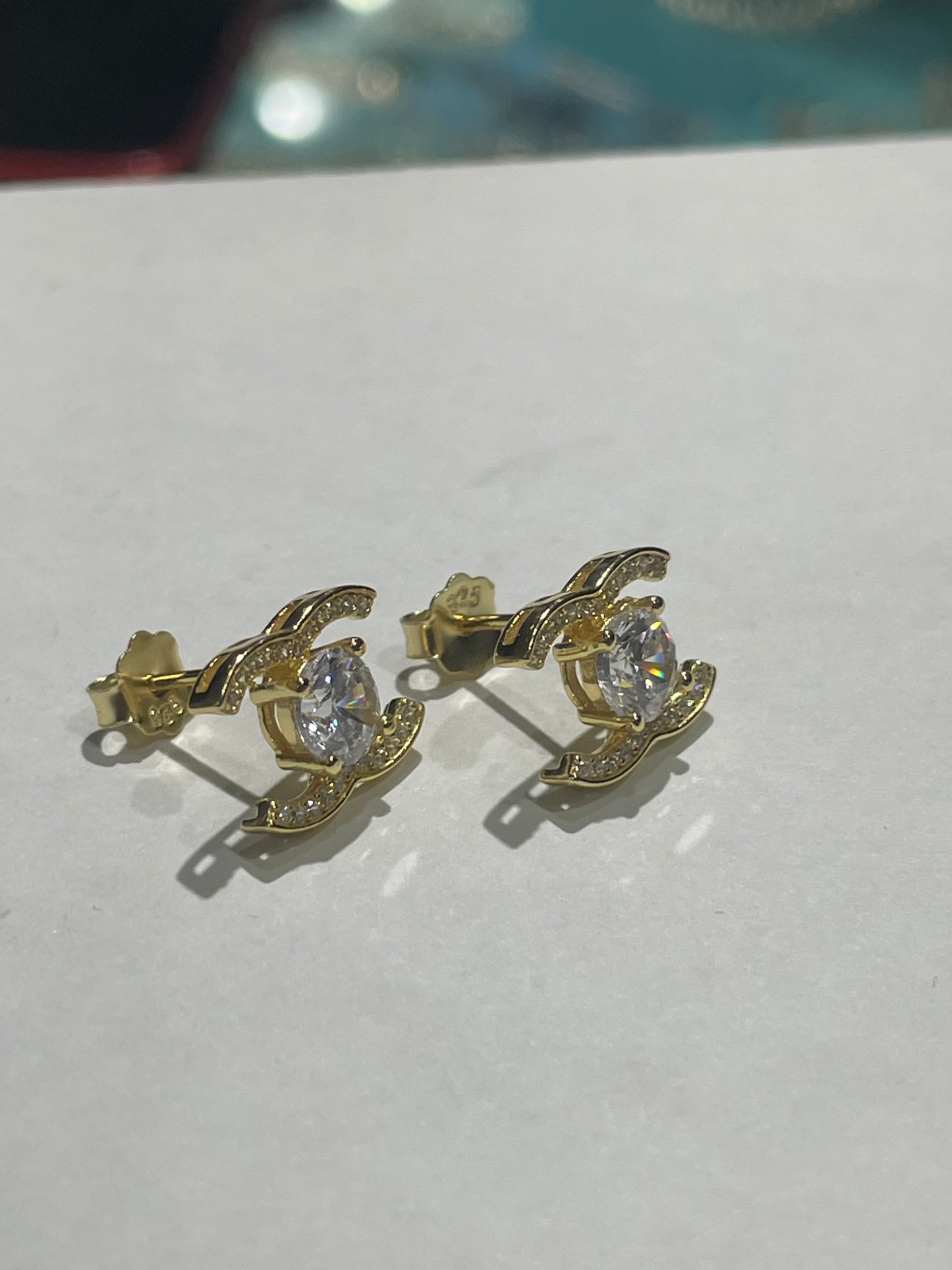 925 Sterling Silver Sparkling Petite Chanel Logo CC Stud Earrings