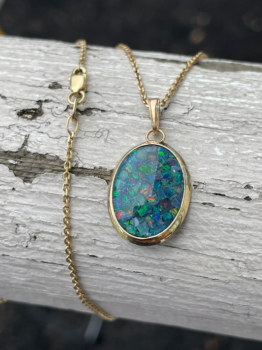 14k Gold Oval Mosaic Opal Necklace