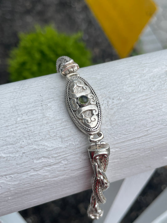 Designer GeoArt 925 Sterling Silver Bohemian Twist Bracelet w/ Peridot 7.5”