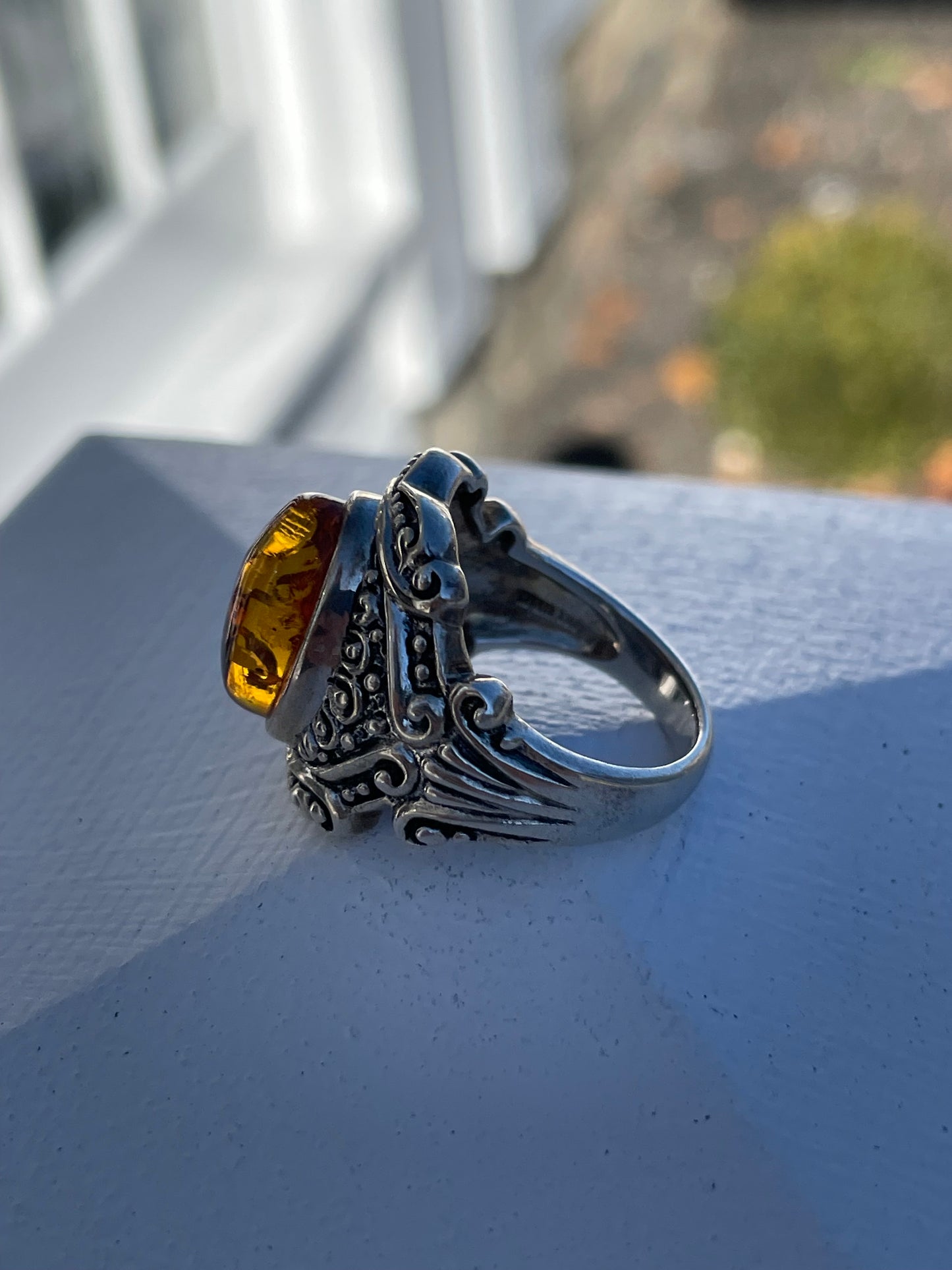 925 Sterling Silver Simulated Oval Amber Empire Setting Ring Size 8