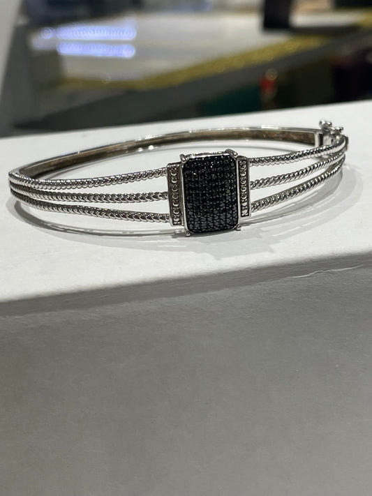 925 Sterling Silver Black Diamond Tapered Cable Bangle Bracelet