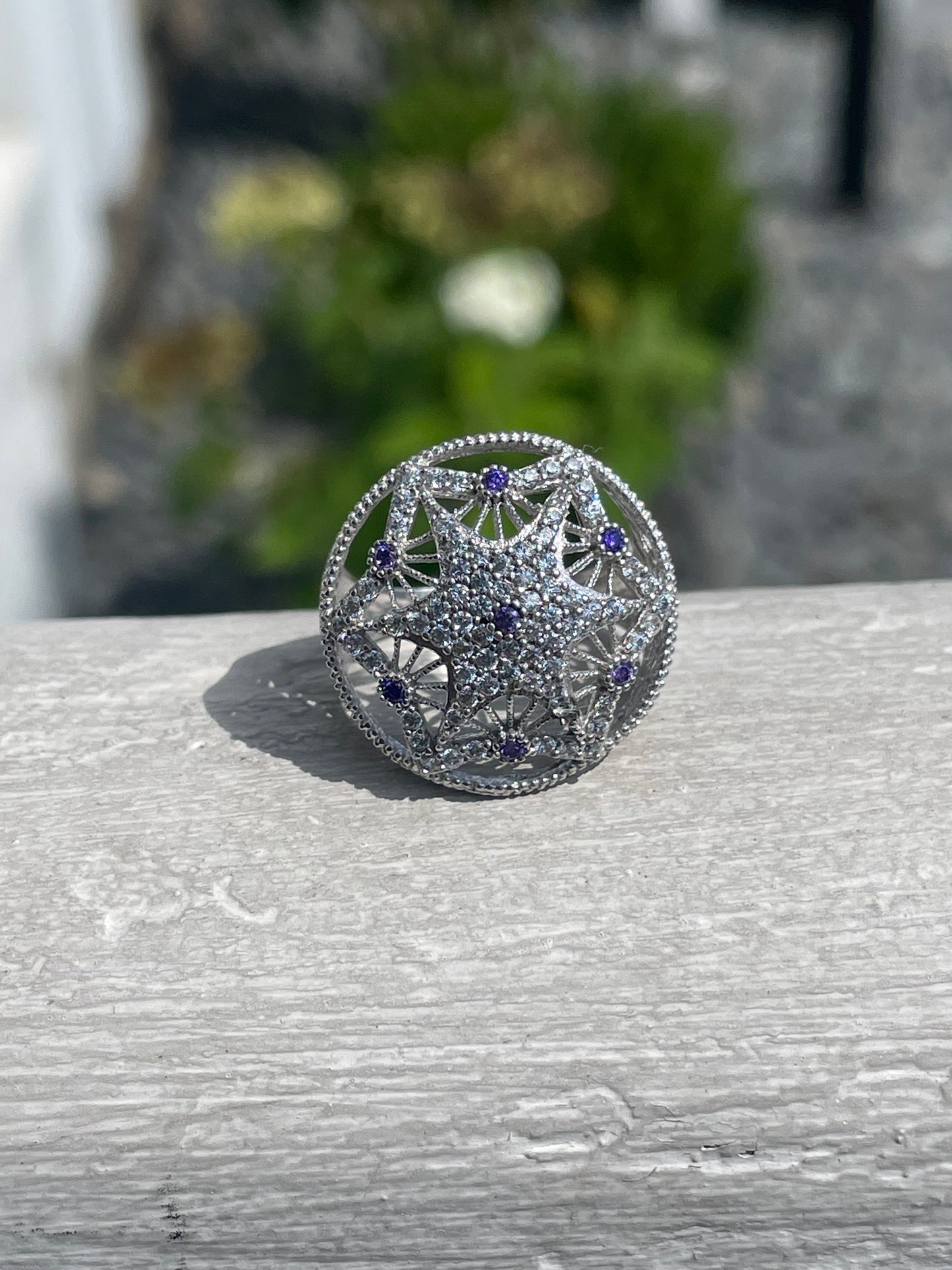 925 Sterling Silver Purple & Clear Zirconia Dream Catcher Ring Size 8