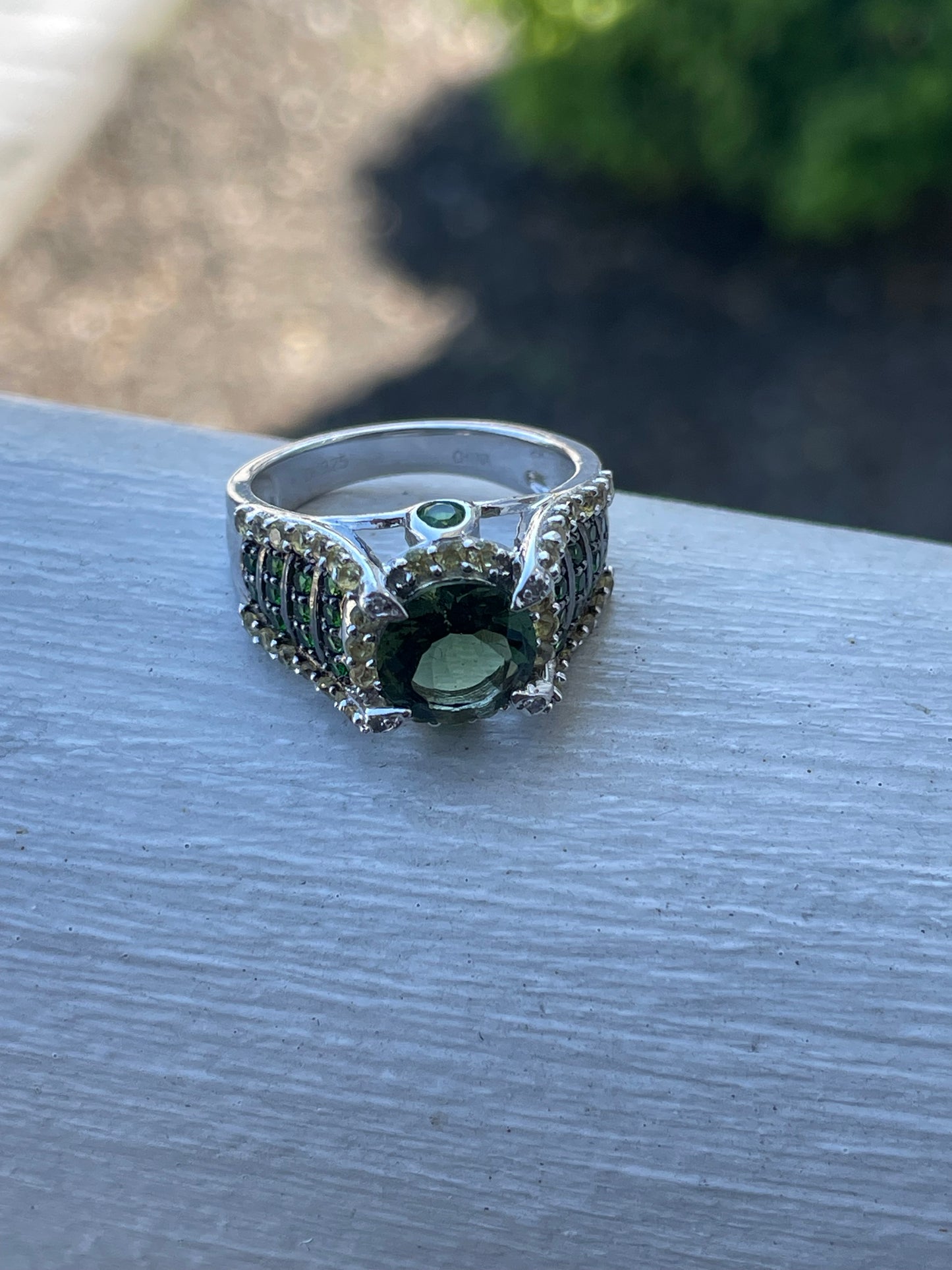 925 Sterling Silver Chrome Diopside Peridot & Citrine Cluster Ring Size 7