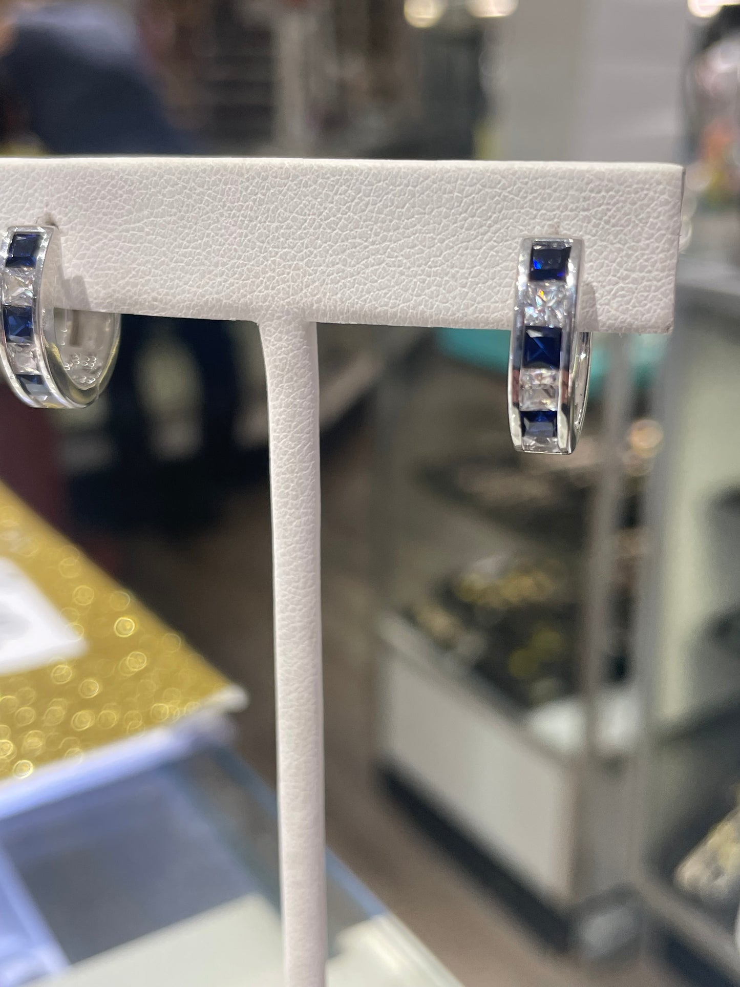 925 Sterling Silver Simulated Sapphire & Cz Huggie Hoop Earrings