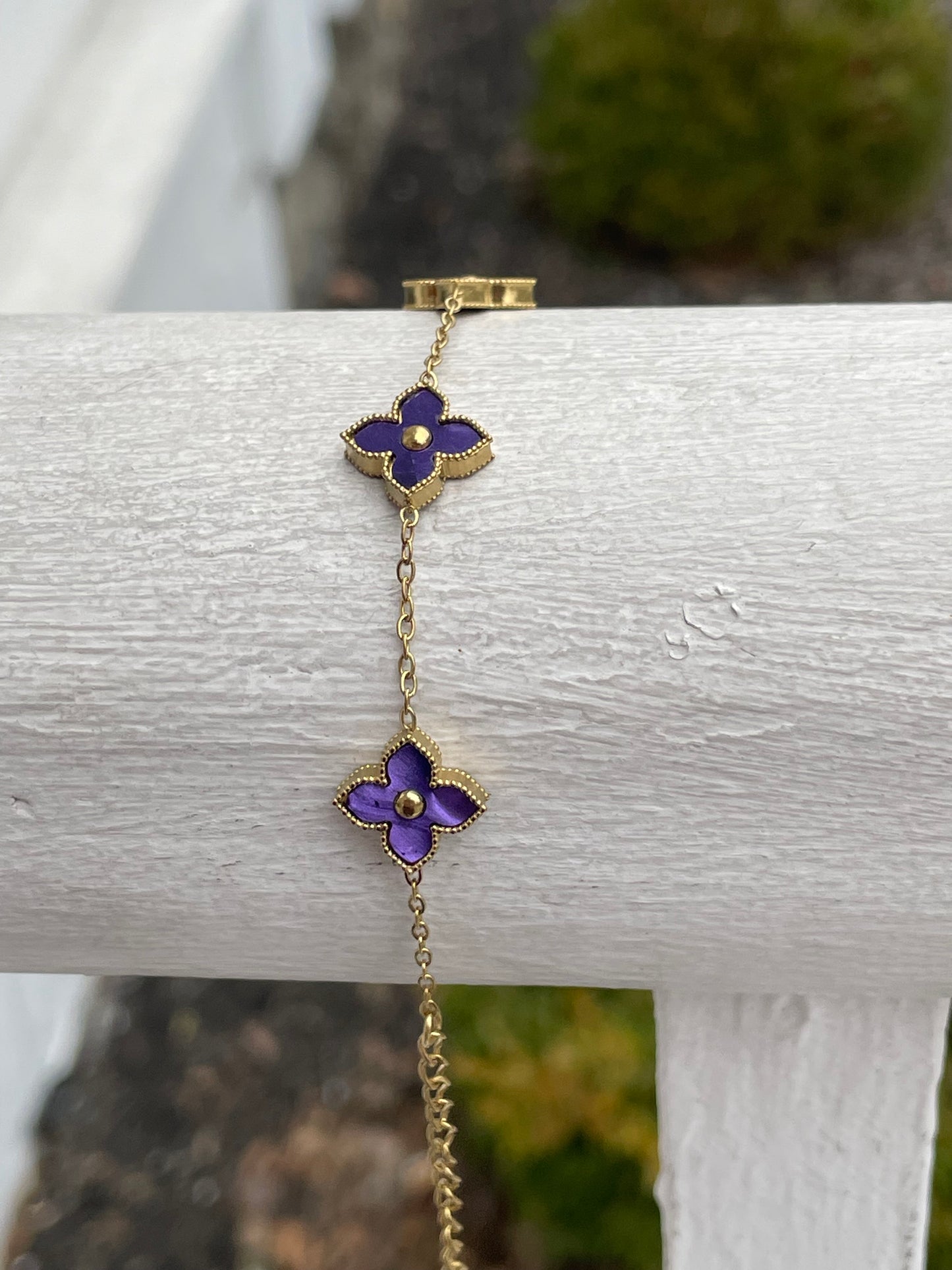 Stainless Steel Gold Vermeil Purple Clover Station Van Cleef Style Bracelet Adjustable 7"-9"