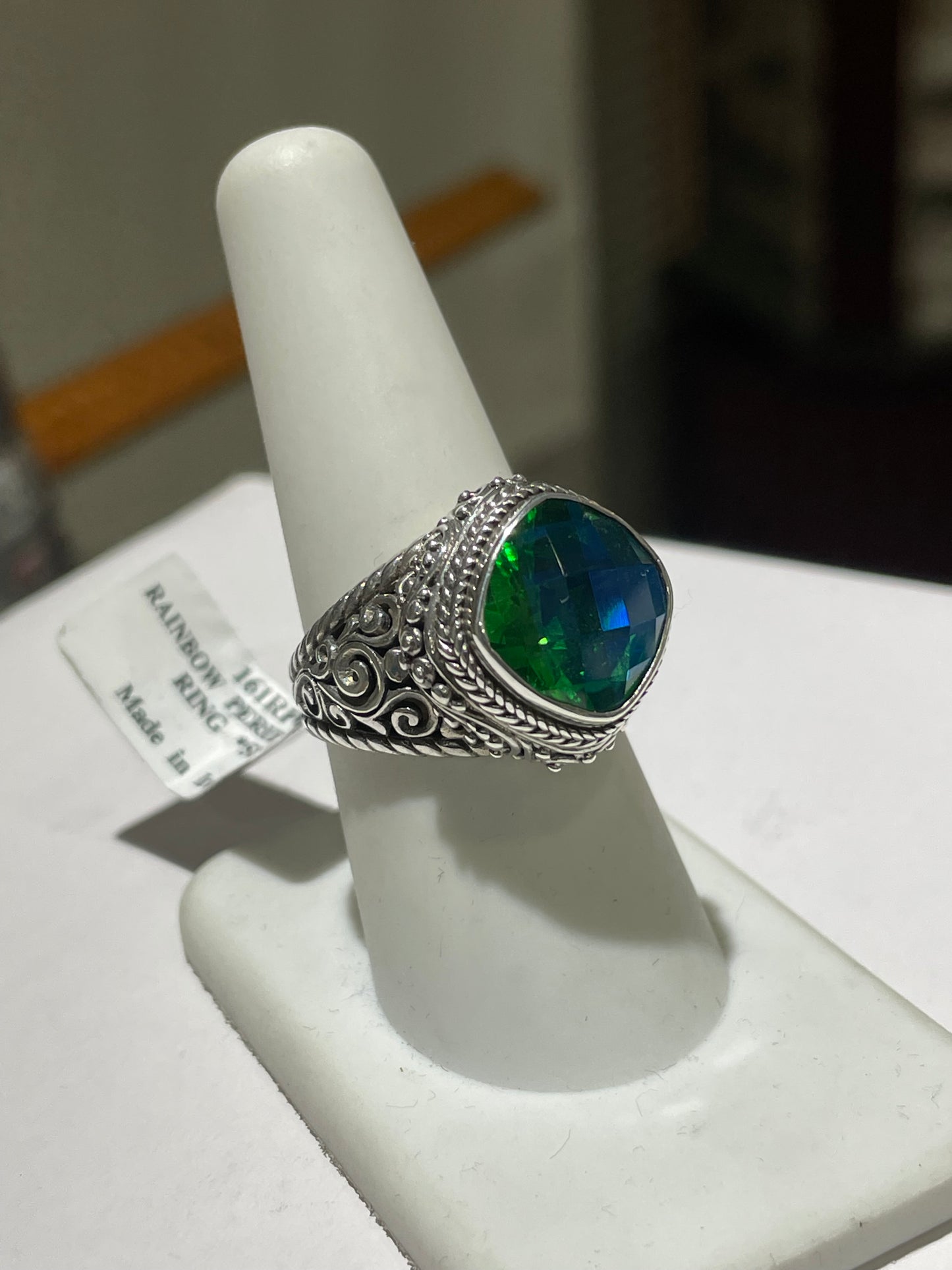 Designer Sarda Rainbow Peridot Quartz Multi Faceted Ring w/ Bali Filigree Setting Size 8