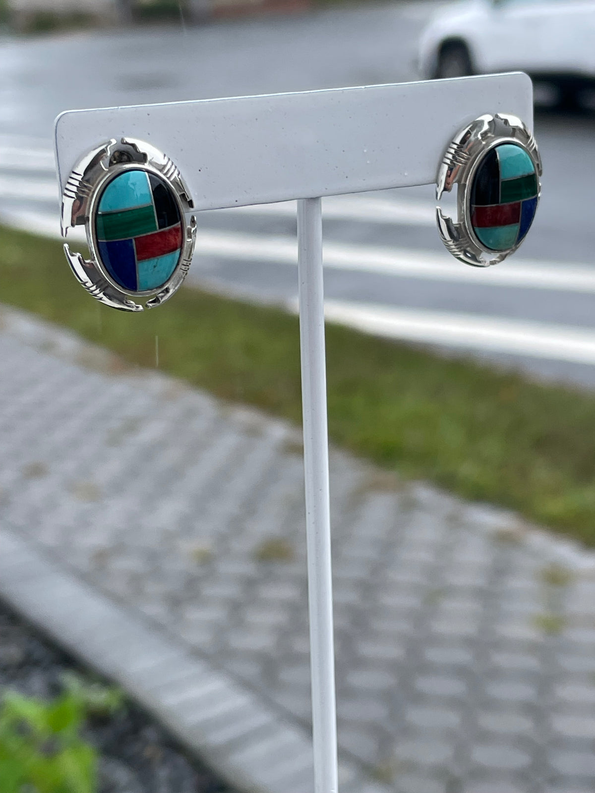 Designer 925 Sterling Silver Carolyn Pollack Multi Inlay Stone Oval Stud Earrings