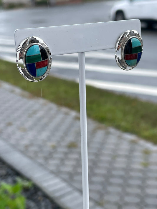 Designer 925 Sterling Silver Carolyn Pollack Multi Inlay Stone Oval Stud Earrings