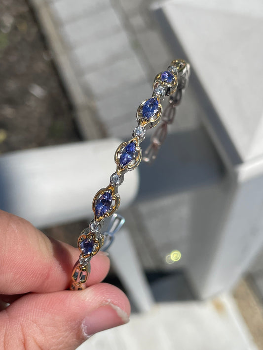 925 & Vermeil Sterling Silver Natural Tanzanite & Diamond Cuff Bracelet