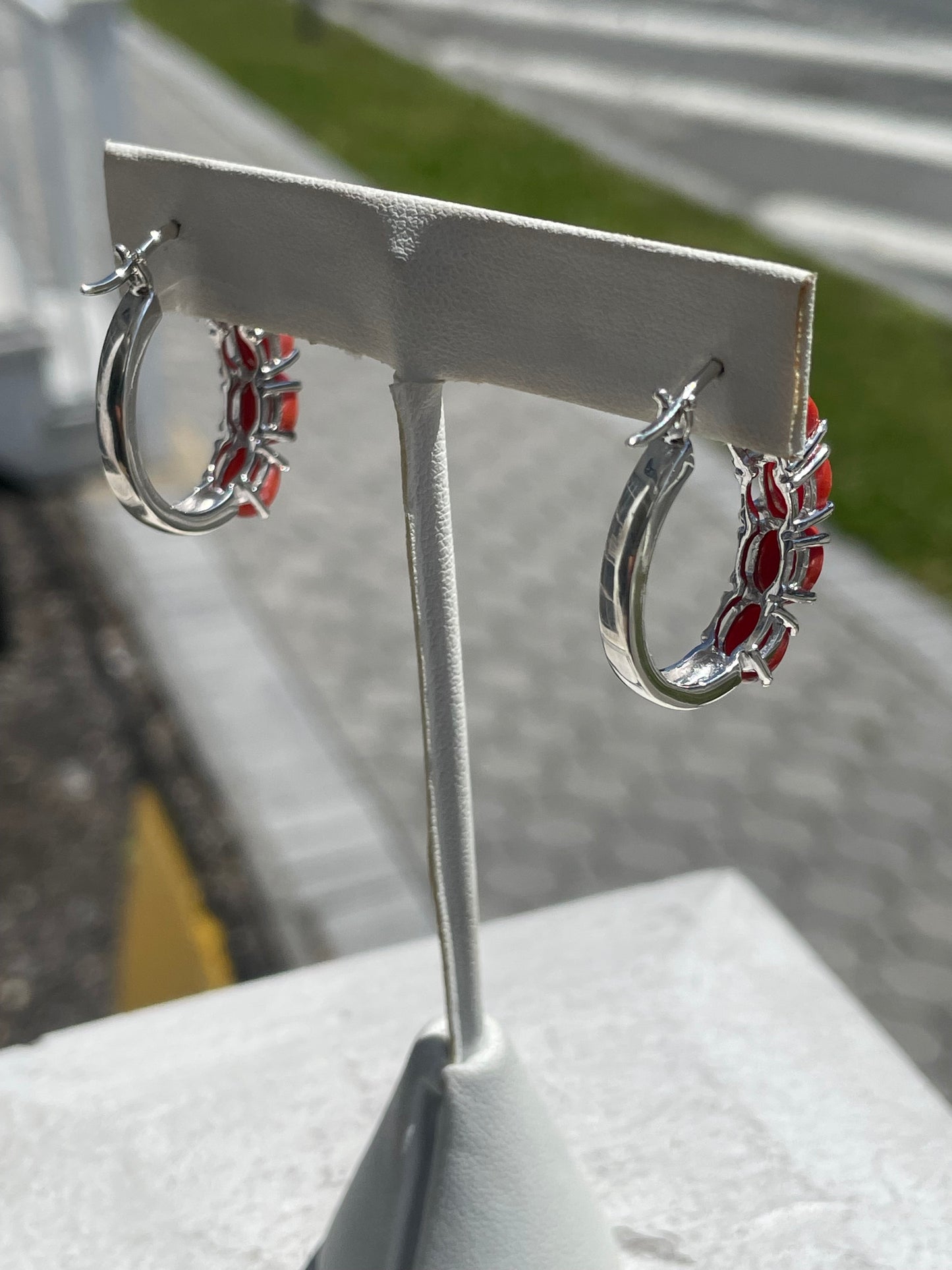 925 Sterling Silver Natural Coral Stone Oblong Hoop Earrings