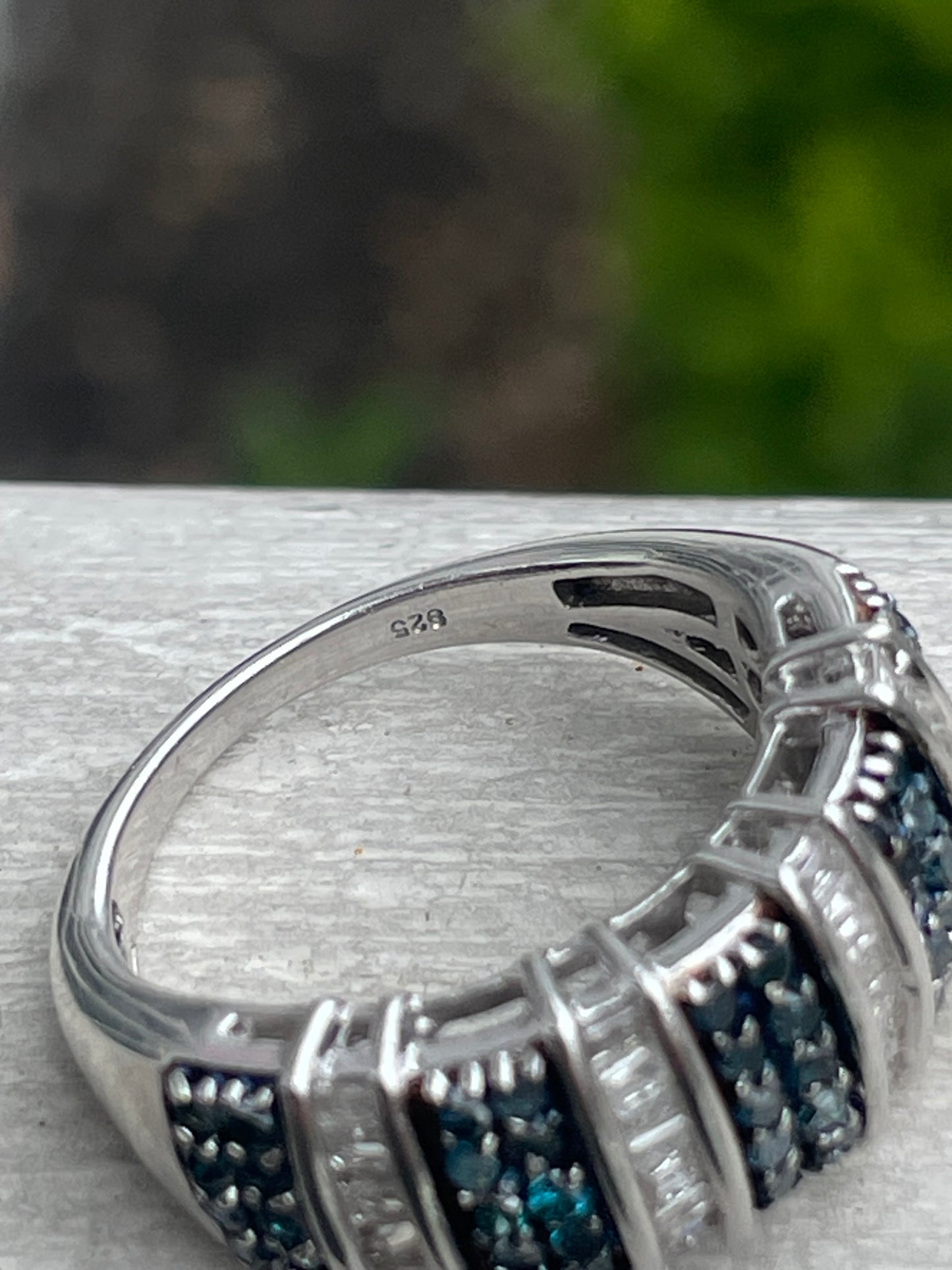 925 Sterling Silver Natural Blue & White Diamond Band Ring Size 7