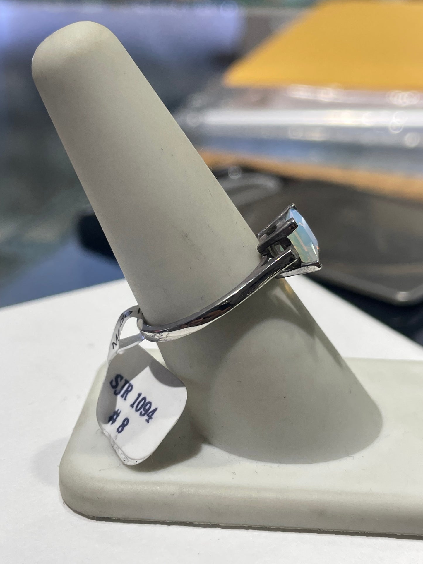 925 Sterling Silver Milky White Princess Cut AB Crystal Solitaire Ring Size 8