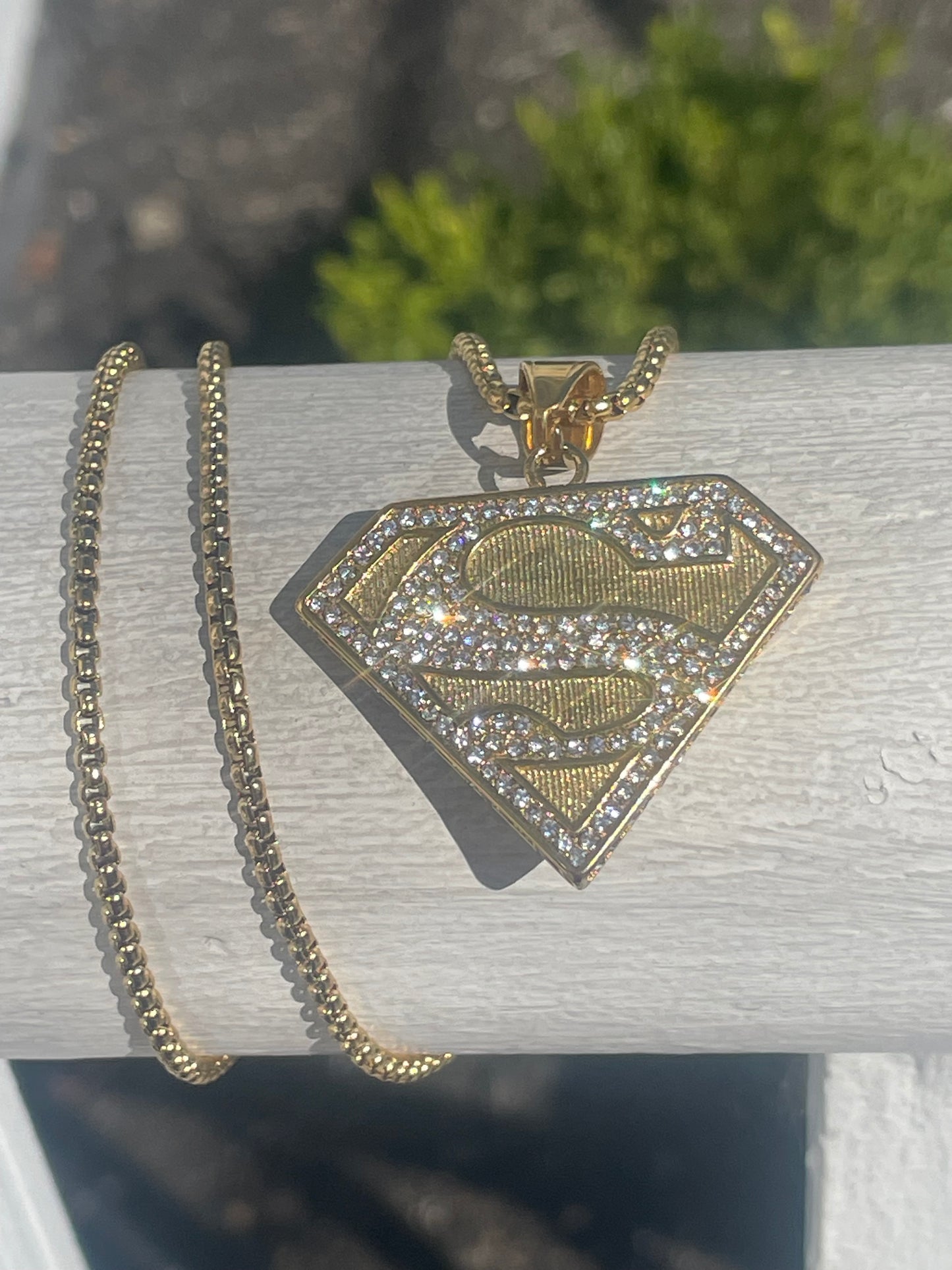 Stainless Steel Gold Color Sparkling Superman Logo Necklace