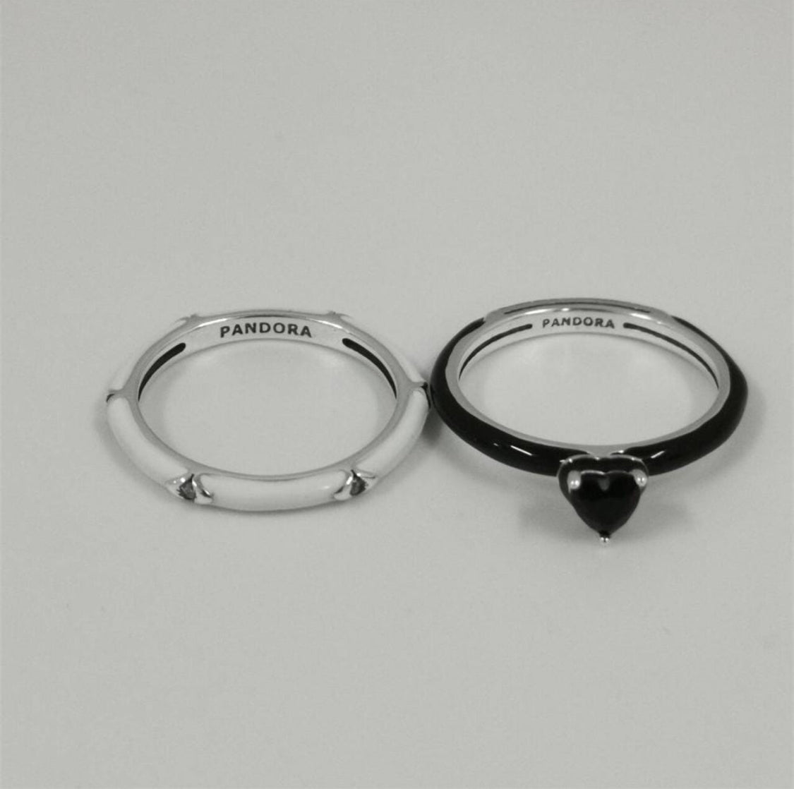 Pandora 2pc White & Black Enamel Rings with Heart Shape Black Cz