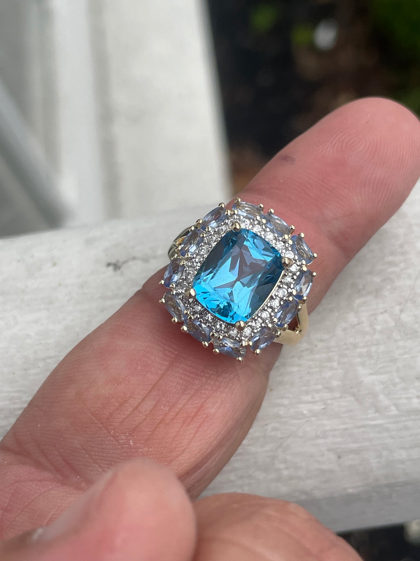925 Sterling Silver Vermeil Natural Swiss Blue Topaz + Diamond & Tanzanite Cluster Ring Size 8