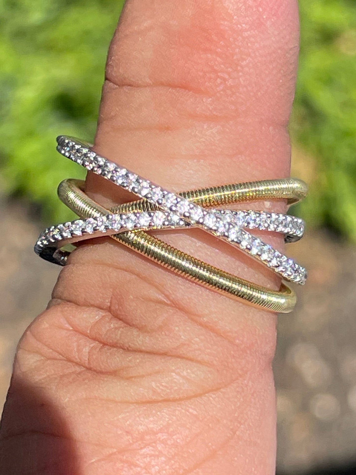 925 Sterling Silver 2tone Vermeil Cz Crossover Band Ring Size 7