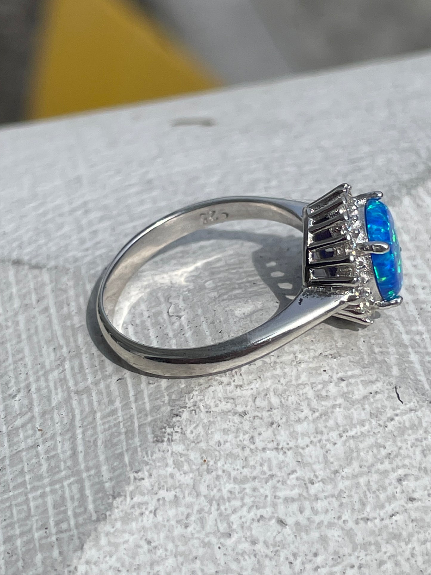 925 Sterling Silver Blue Opal & Cz Solitaire Ring Size 7