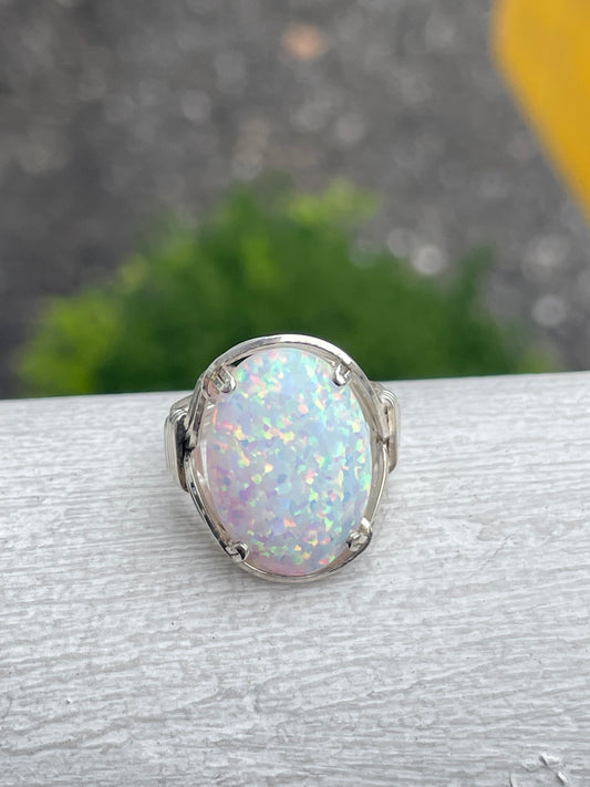 925 Sterling Silver Large Oval Opal Ring Size 5