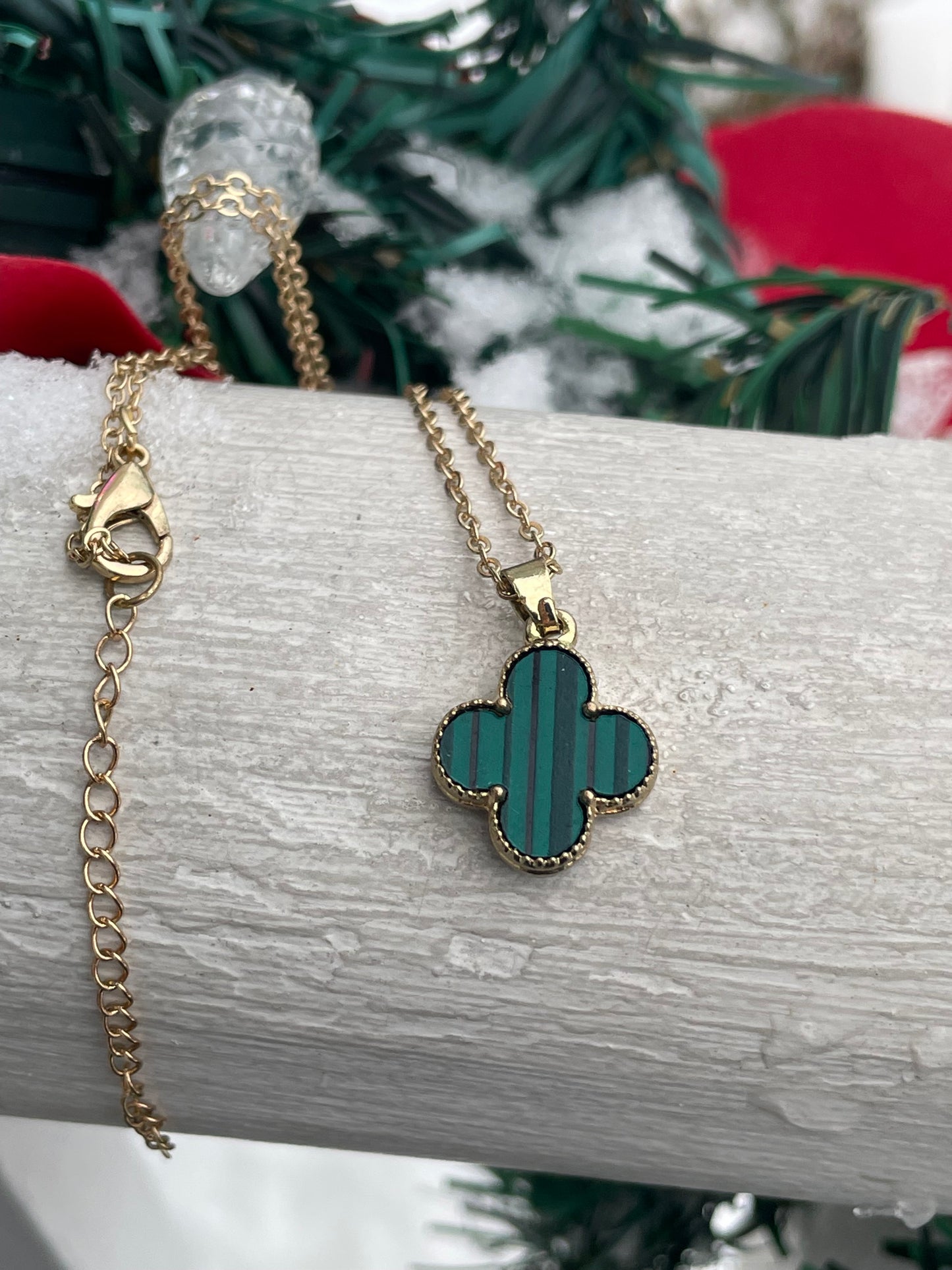 Stainless Steel Gold Plated Malachite Van Vleef Style Clover Necklace