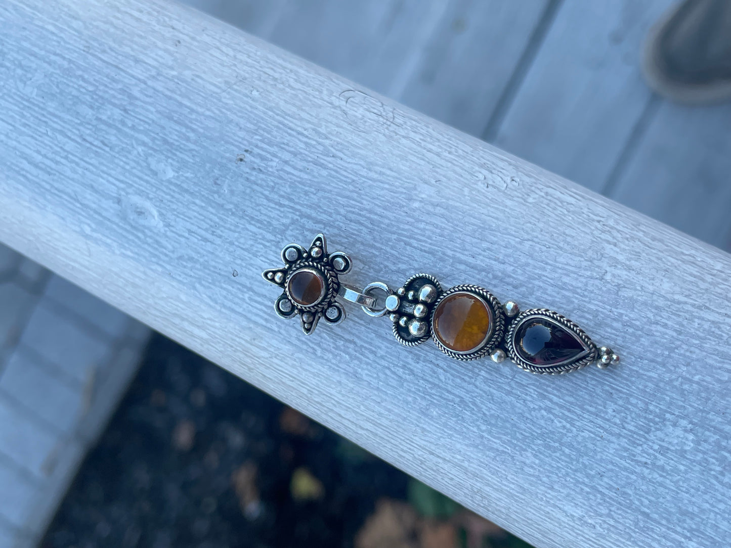 925 Sterling Silver Garnet & Amber Vertical Drop Pendant