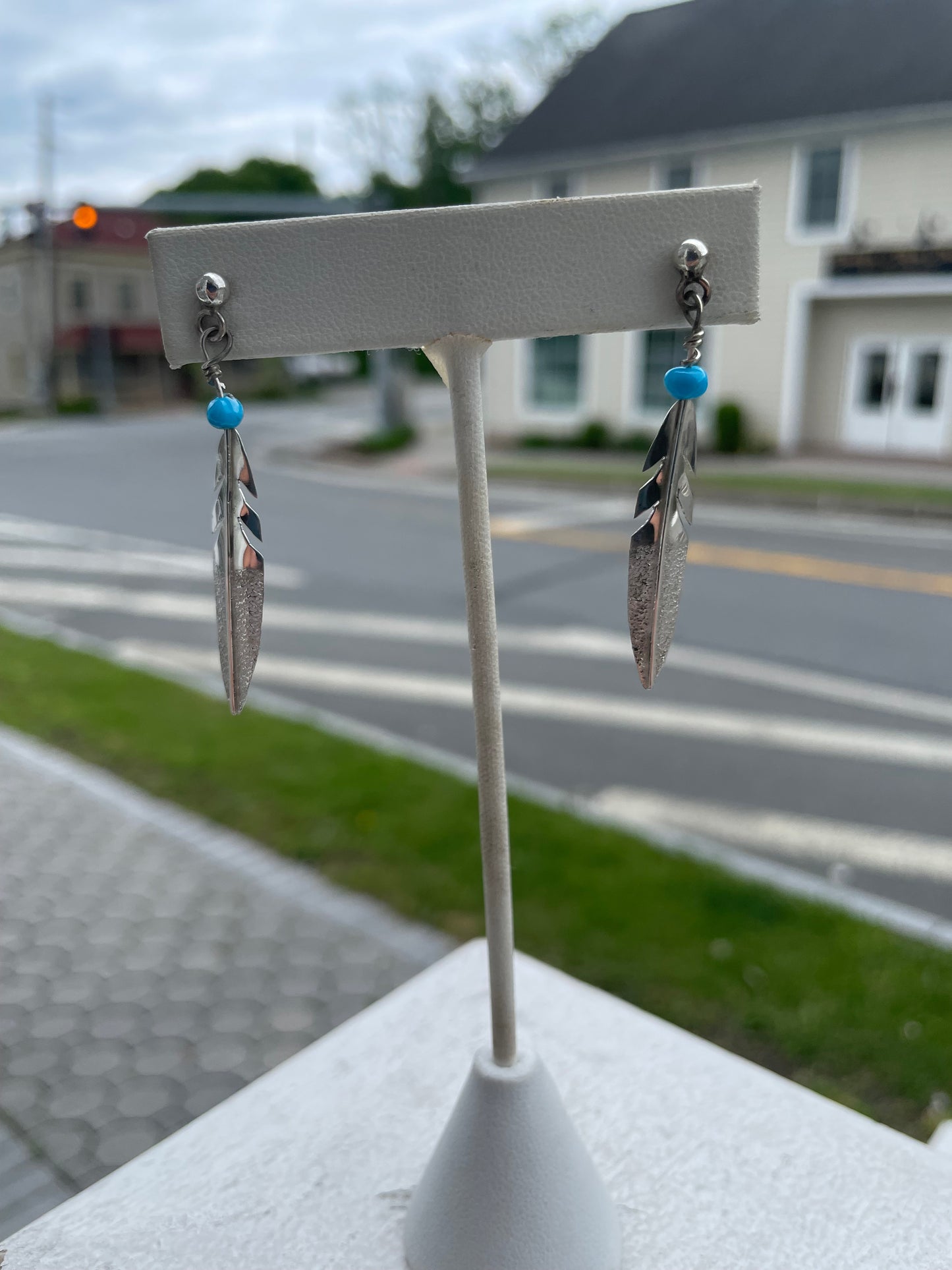 925 Sterling Silver Dangle Turquoise Feather Earrings