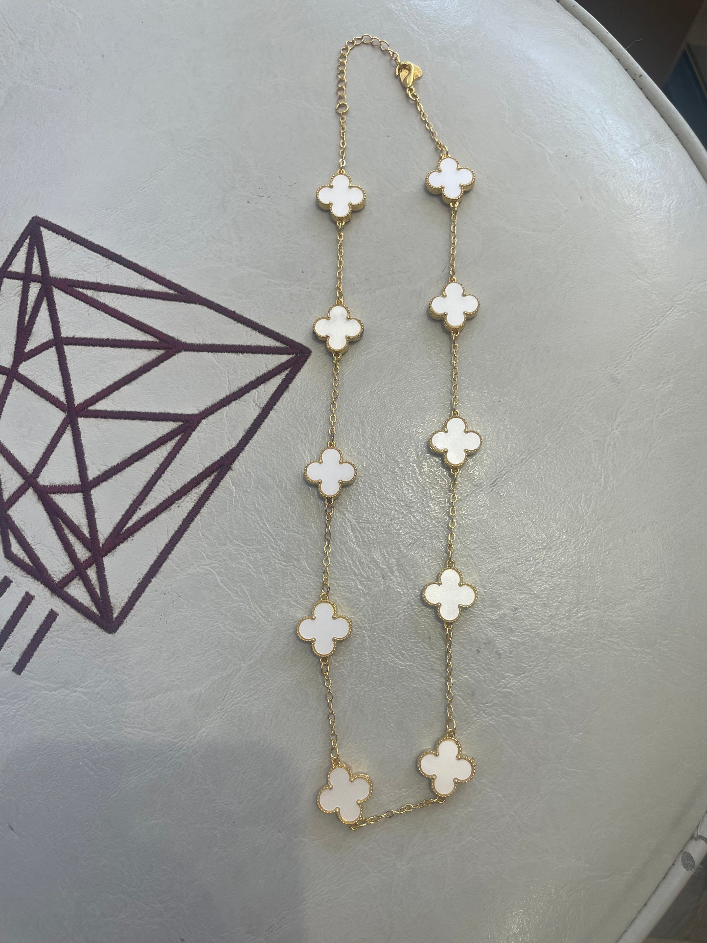 Stainless Steel Gold Color White Clover Station Van Cleef Style Necklace 18”-20”