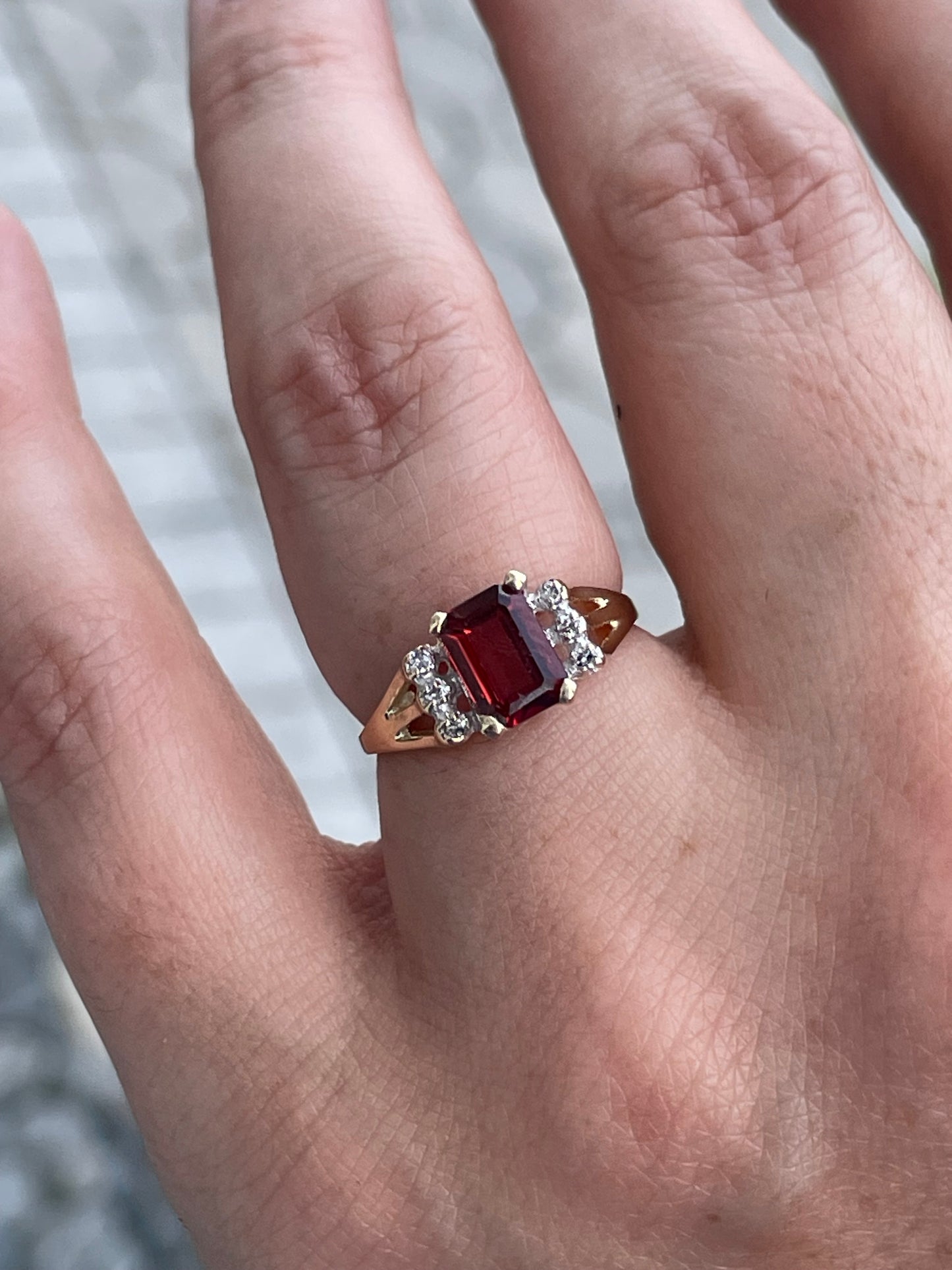 14k Gold Emerald Cut Garnet & Diamond Ring