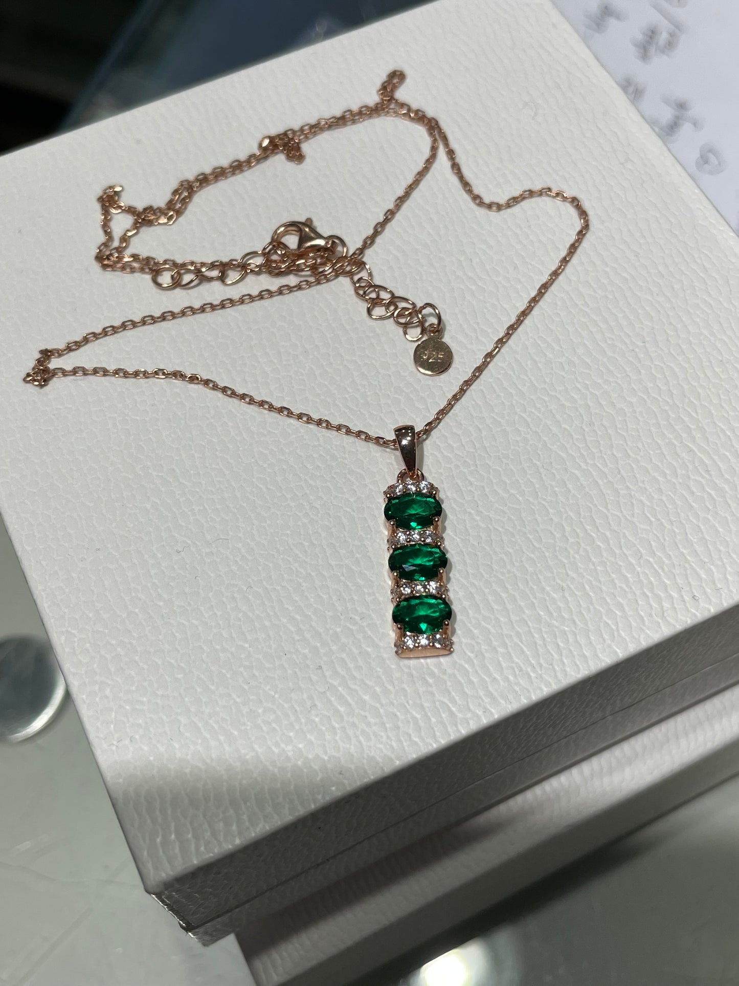 925 Sterling Silver Rose Vermeil Vertical Green Zirconia Drop Necklace