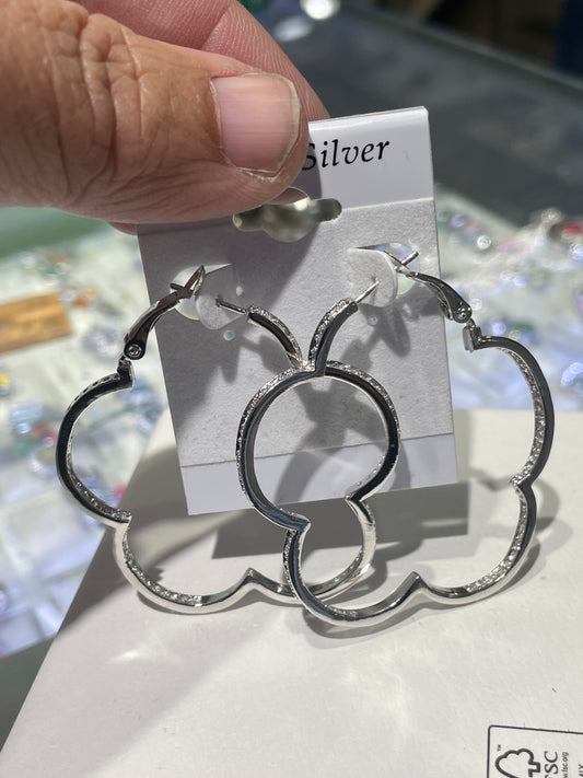 925 Sterling Silver Large Flower Cz Hoop Earrings