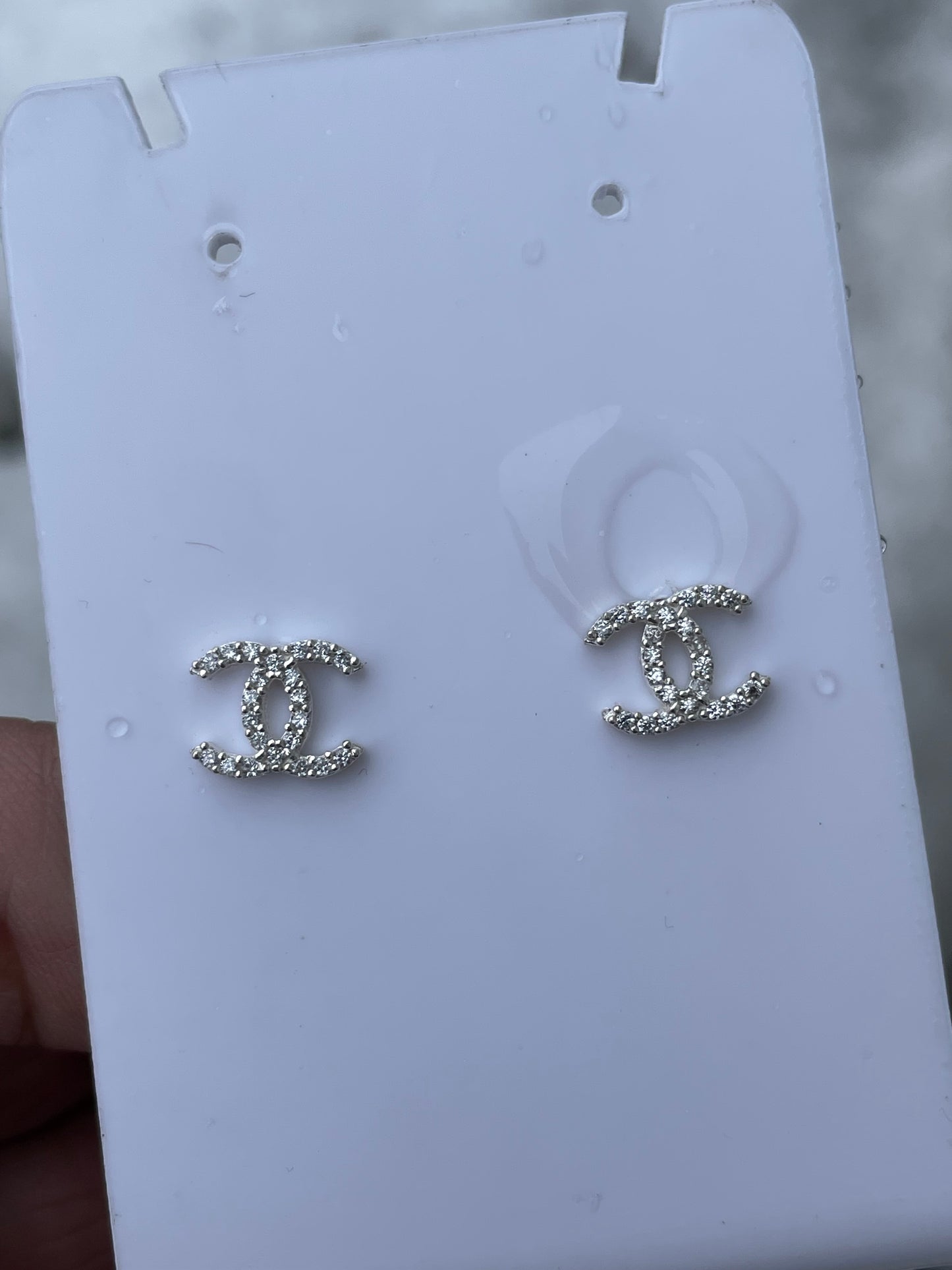 925 Sterling Silver Sparkling Petite Chanel Logo CC Stud Earrings (K11)