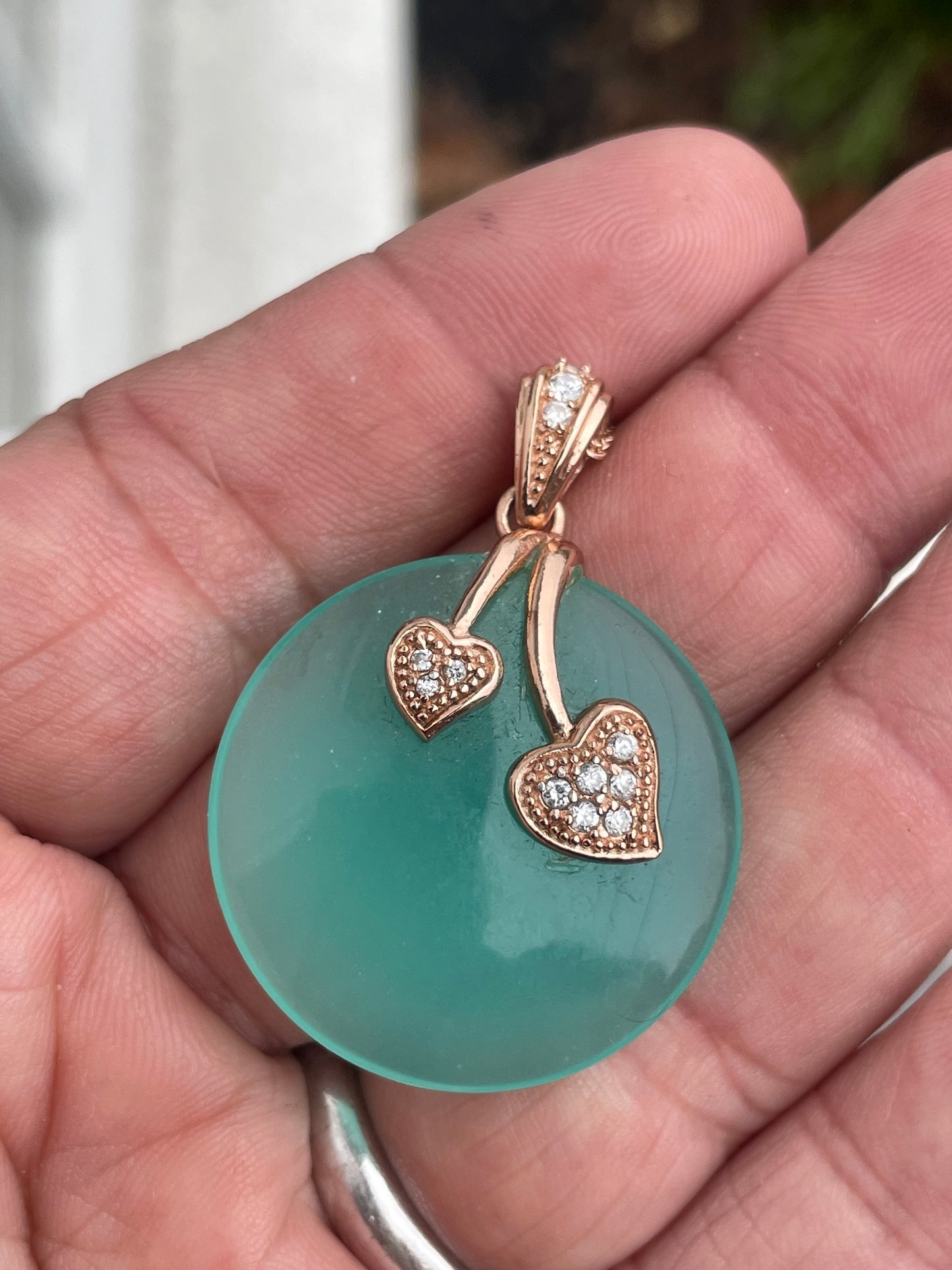 925 Sterling Silver Rose Vermeil Green Chalcedony Disc Necklace 20”