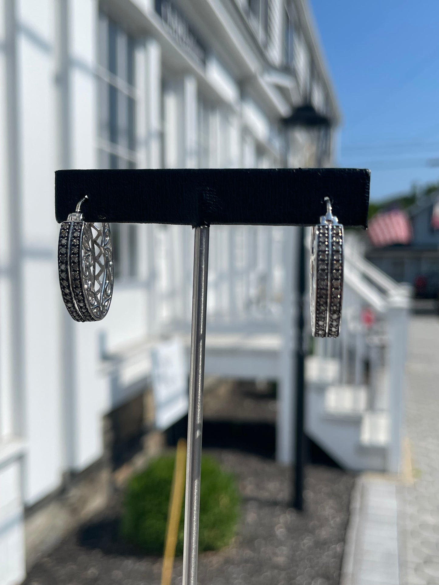 925 Sterling Silver .60ct Natural Diamond Oval Filigree Hoop Earrings