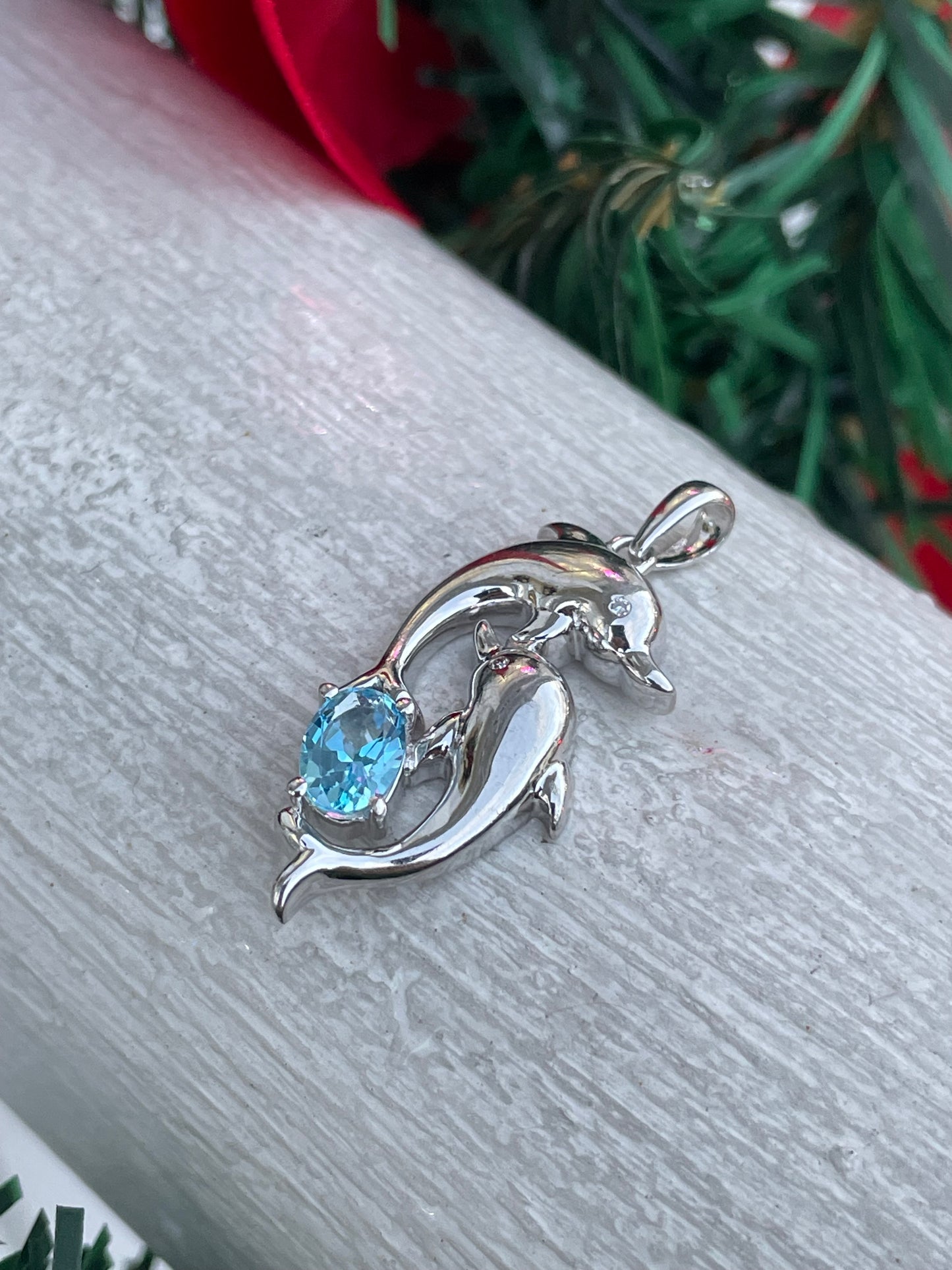 925 Sterling Silver Blue Topaz Playful Dolphins Pendant Charm
