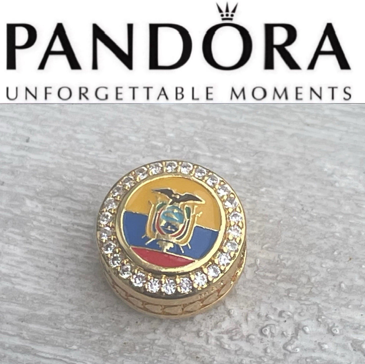 Pandora Ecuador Country Flag Exclusive Travel Round Shine Gold Signet Charm