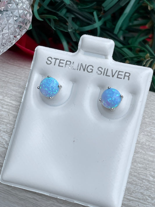 925 Sterling Silver Snowy Blue Opal Stud Earrings