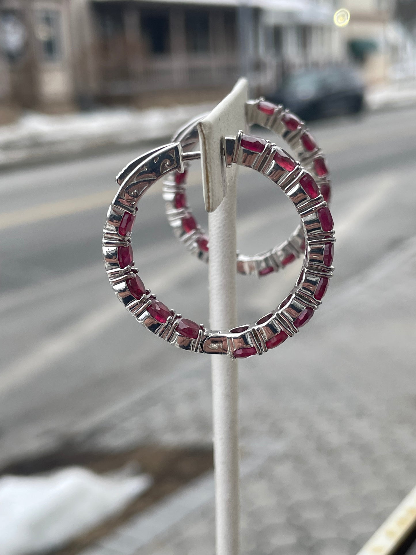 925 Sterling Silver Lab Created Ruby 35mm Stone Hoop Earrings