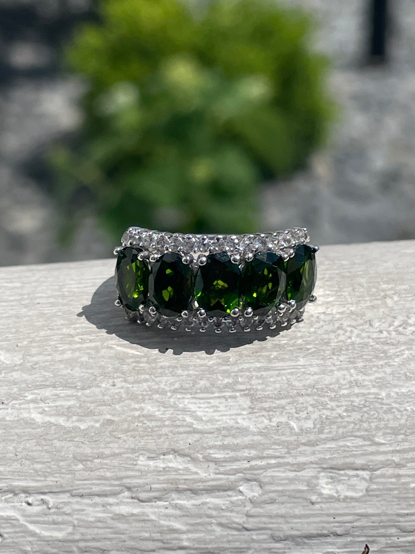 925 Sterling Silver Chrome Diopside & Cz Large Stone Band Ring Size 6