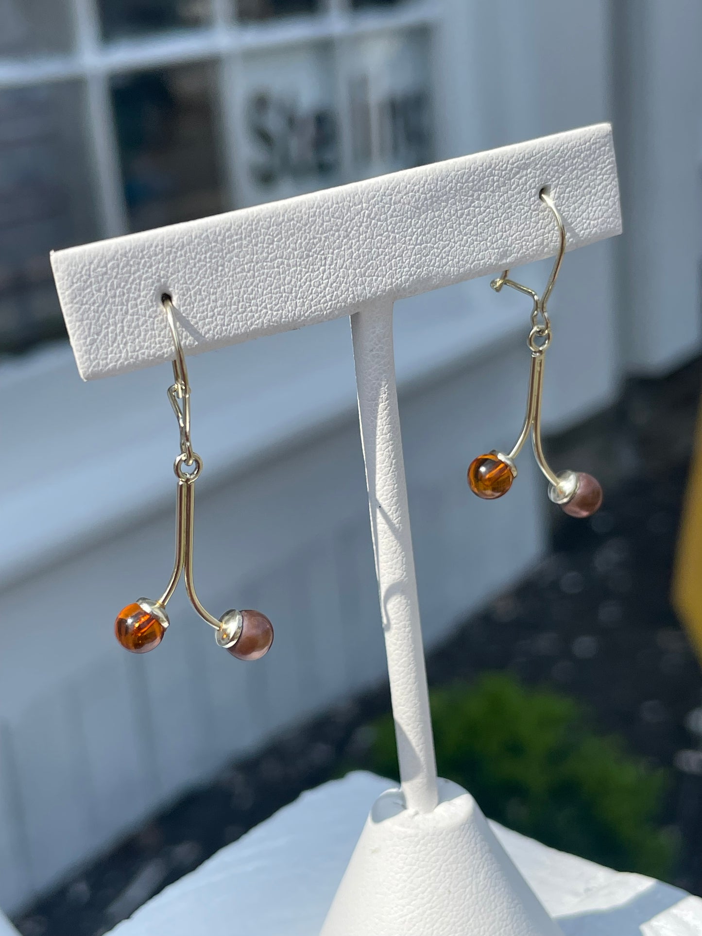 925 Sterling Silver Amber & Brown Pearl Dangle Earrings