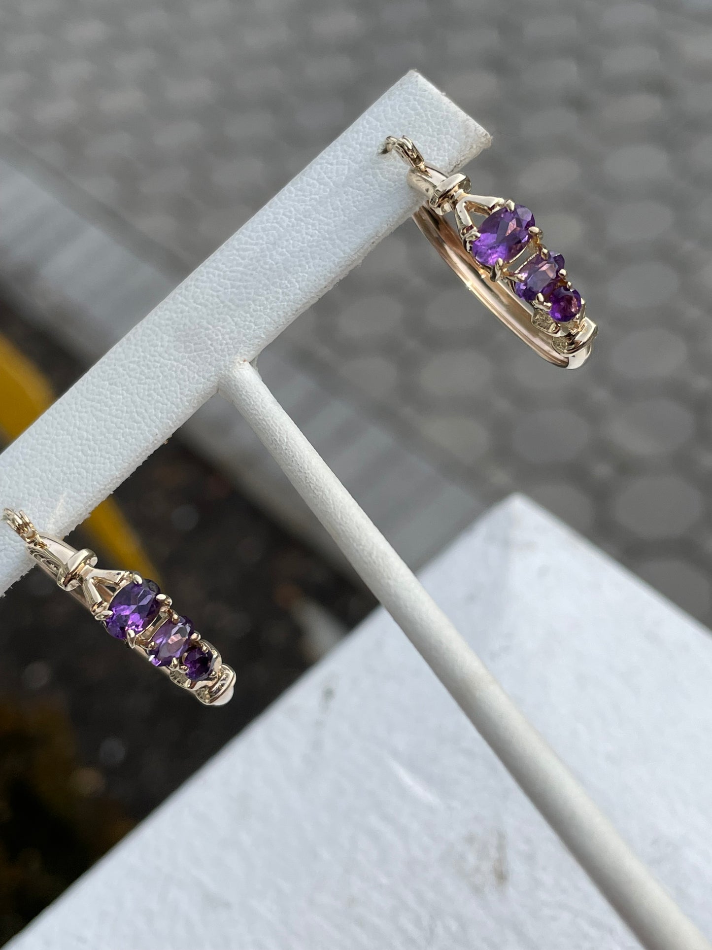 14k Gold Amethyst Past Present Future Hoop Earrings