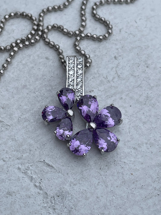 925 Sterling Silver Simulated Amethyst Flower Petals Necklace