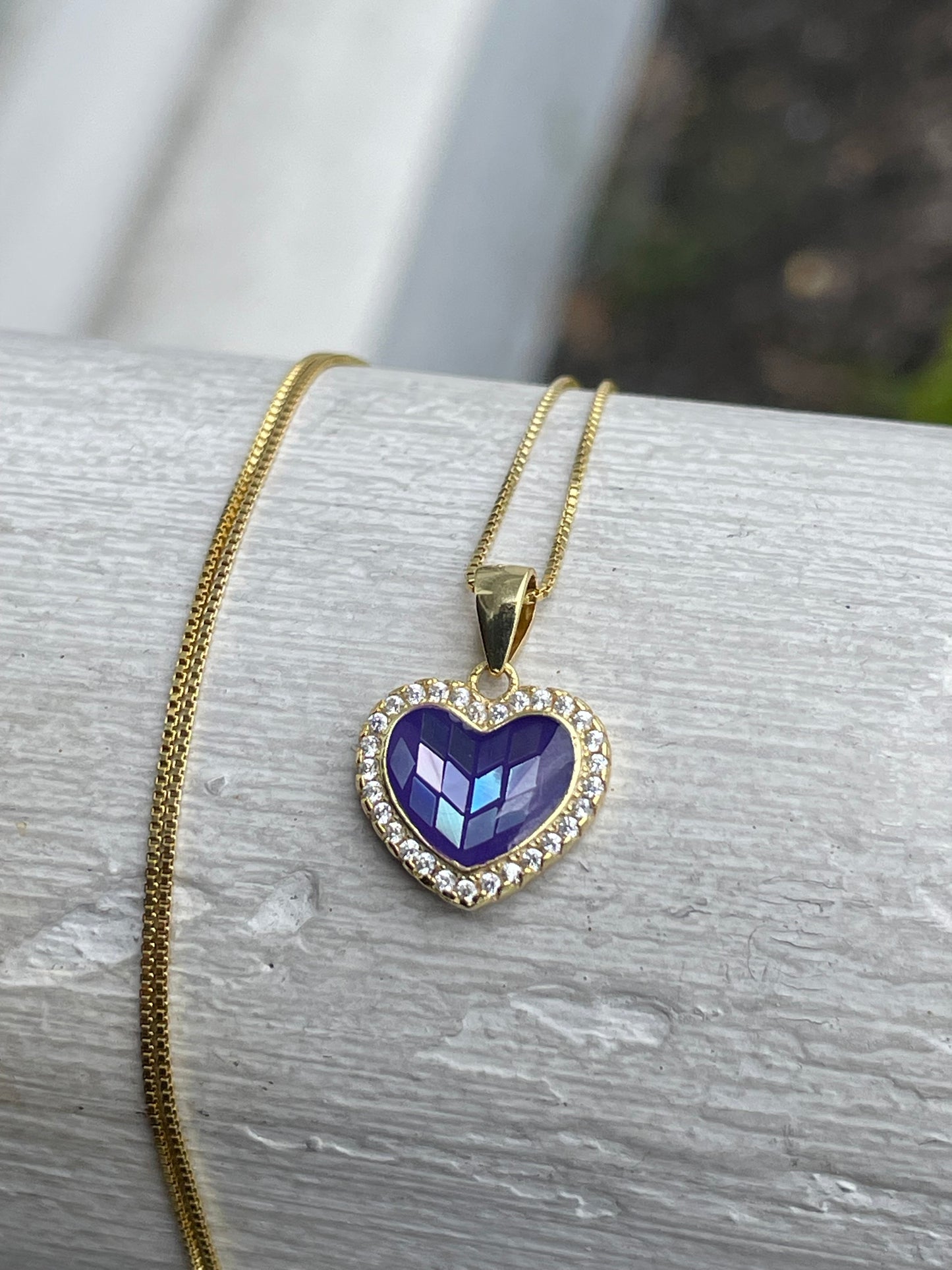 925 Sterling Silver Vermeil Purple Mosaic Mother of Pearl Heart Necklace 16”-18”