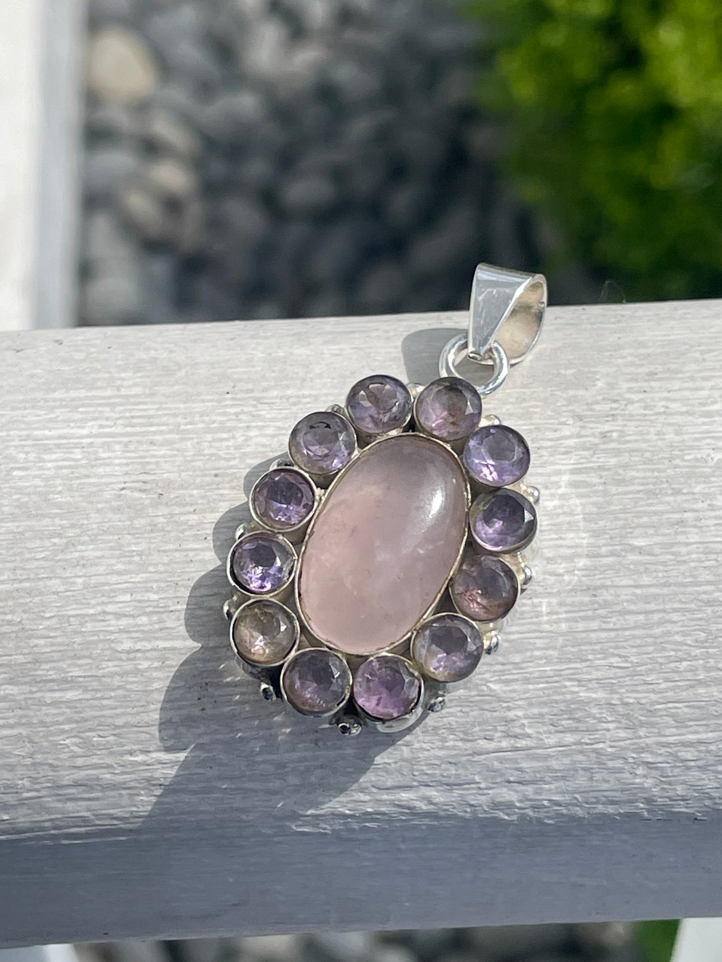 925 Sterling Silver Rose Quartz & Amethyst Natural Stone Pendant