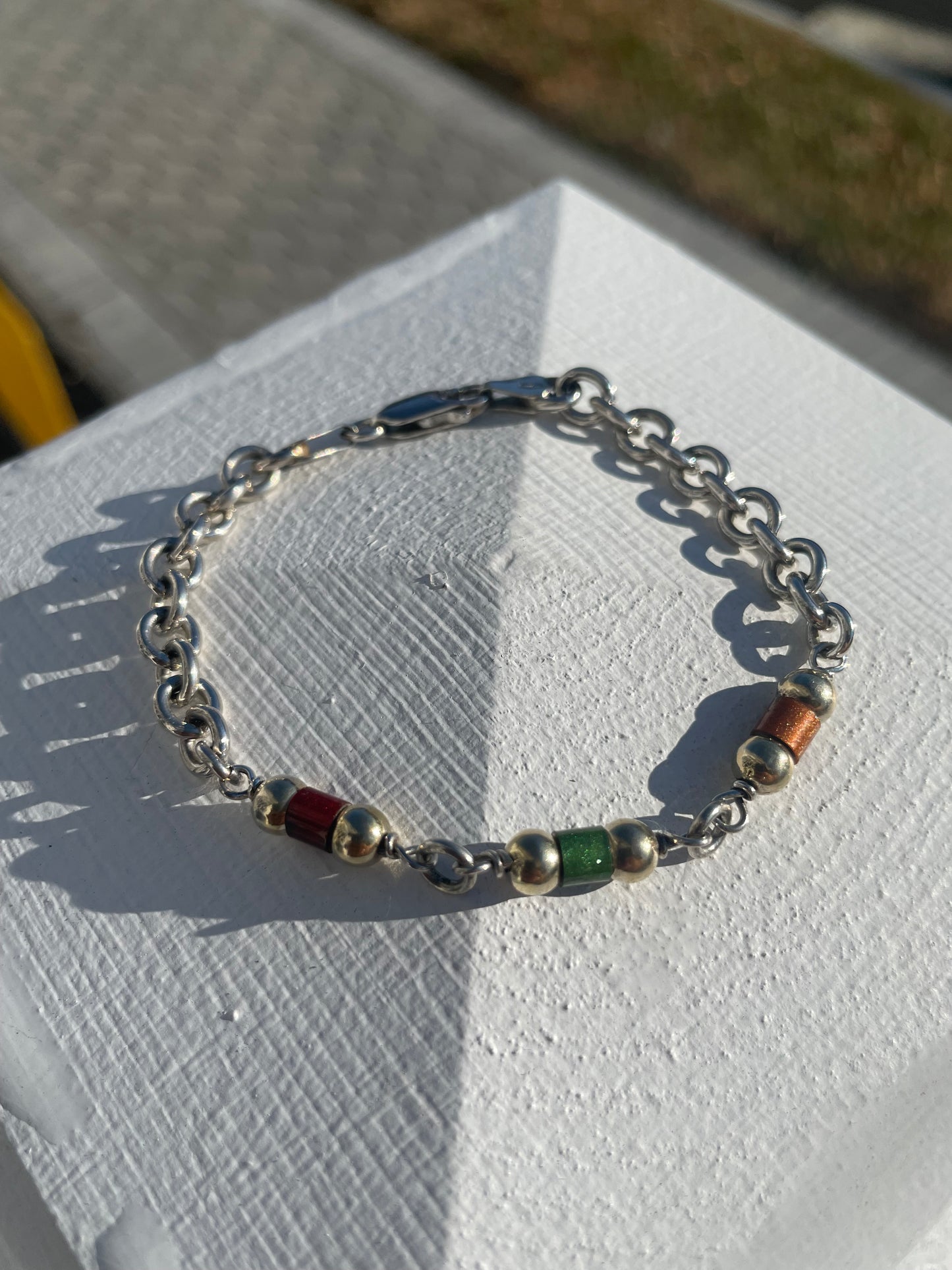 925 Sterling Silver Tri Enamel Bar Bracelet 7”.